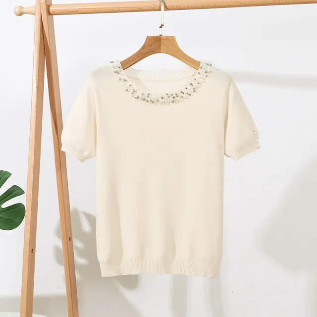 New Solid Color Beaded Short Sleeve Loose Round Neck Pullover Top Apricot - Shop at LoveMi