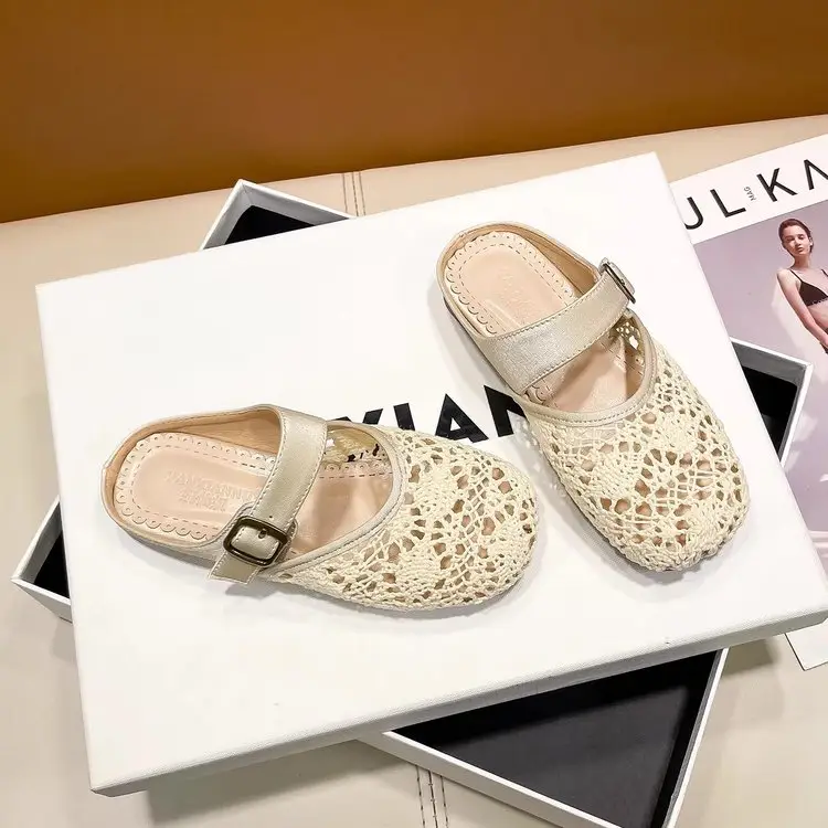 2026 New Summer Girls Hollow Round Toe Mule Slippers, Woven Closed Toe Retro Fashion Flat Slide Sandals, Casual Simple Outdoor Wear