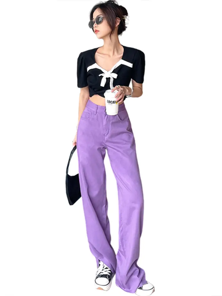 Purple Wide Leg Jeans Women's Thin High Waist Drape Loose Casual