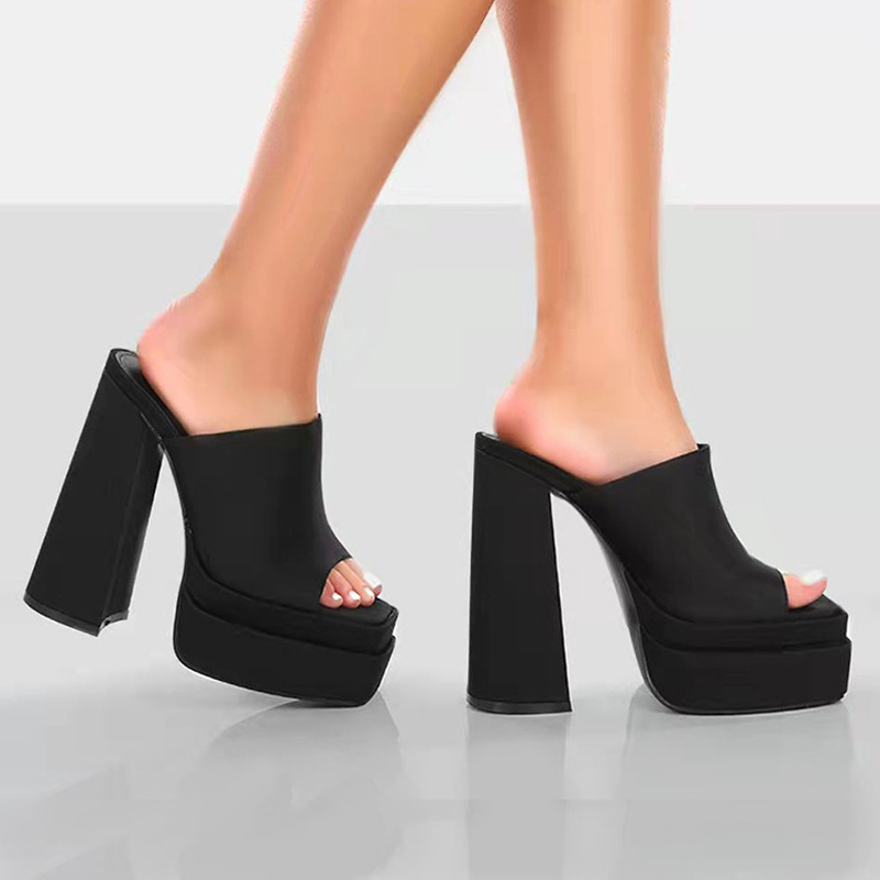 Hollow Chunky Satin High Heel Fish Mouth Women's Shoes