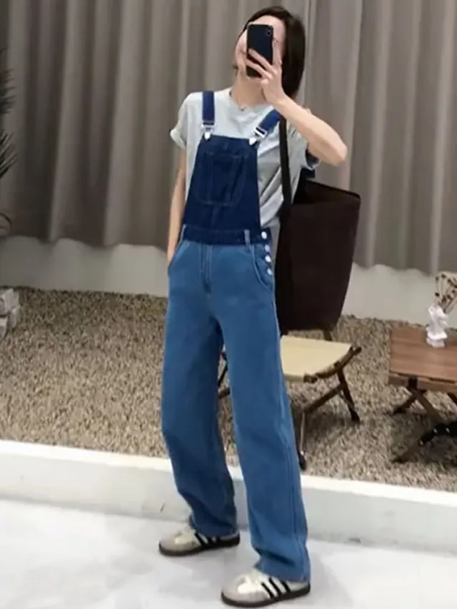 Vintage High Waist Denim Strap Pants Female Blue - Shop at LoveMi