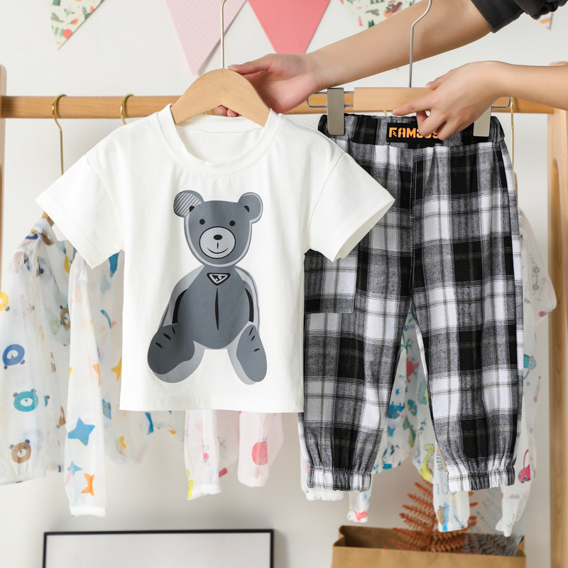 Children's Casual Children's Suit Boys Cartoon Bear T-shirt Short-sleeved Plaid Trousers