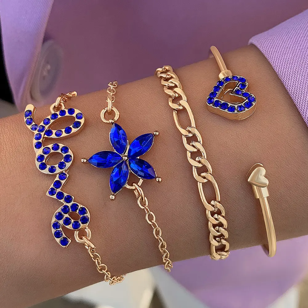 4pcs Blue Flower Love Butterfly Bracelet Set with Rhinestones