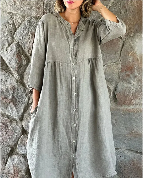 Casual Standing Collar Button Long Dress Grey - Shop at LoveMi