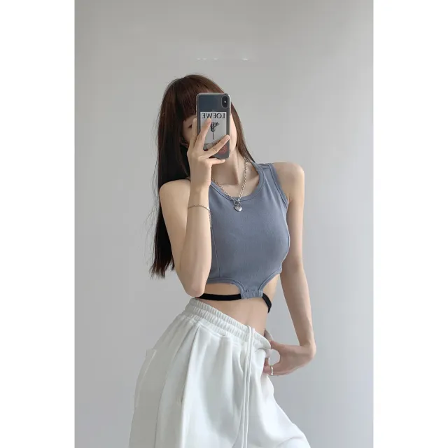 Trendy Girl Short Sleeveless Vest With Umbilical Strap Blue - Shop at LoveMi