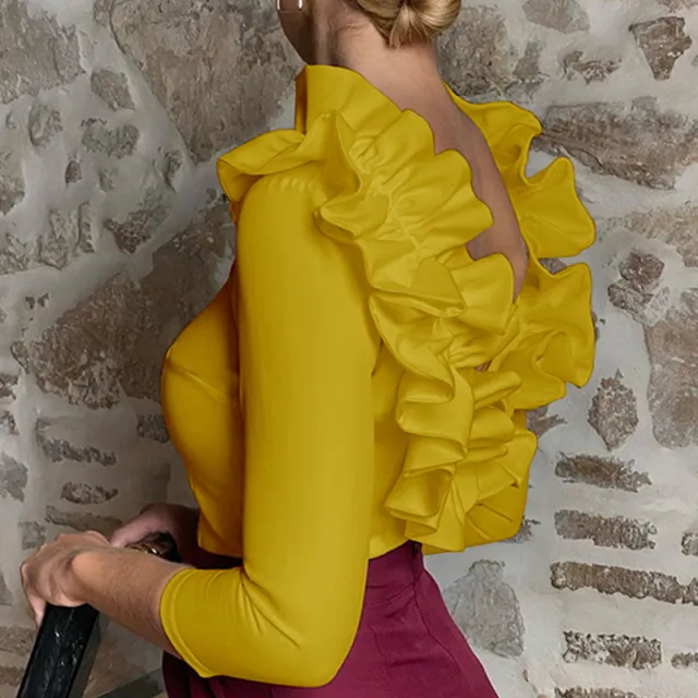 Temperament Women's New Sexy Niche Design Ruffle Neck Top Yellow - Shop at LoveMi