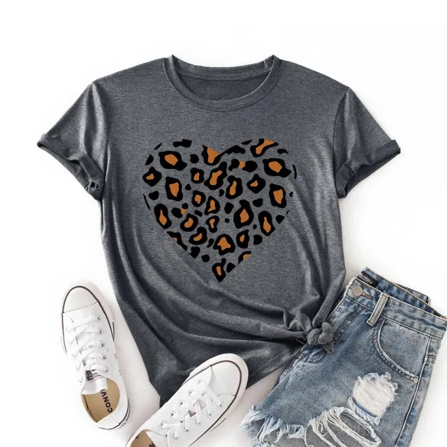 Leopard Heart Graphic Print Top Loose Dark Grey - Shop at LoveMi