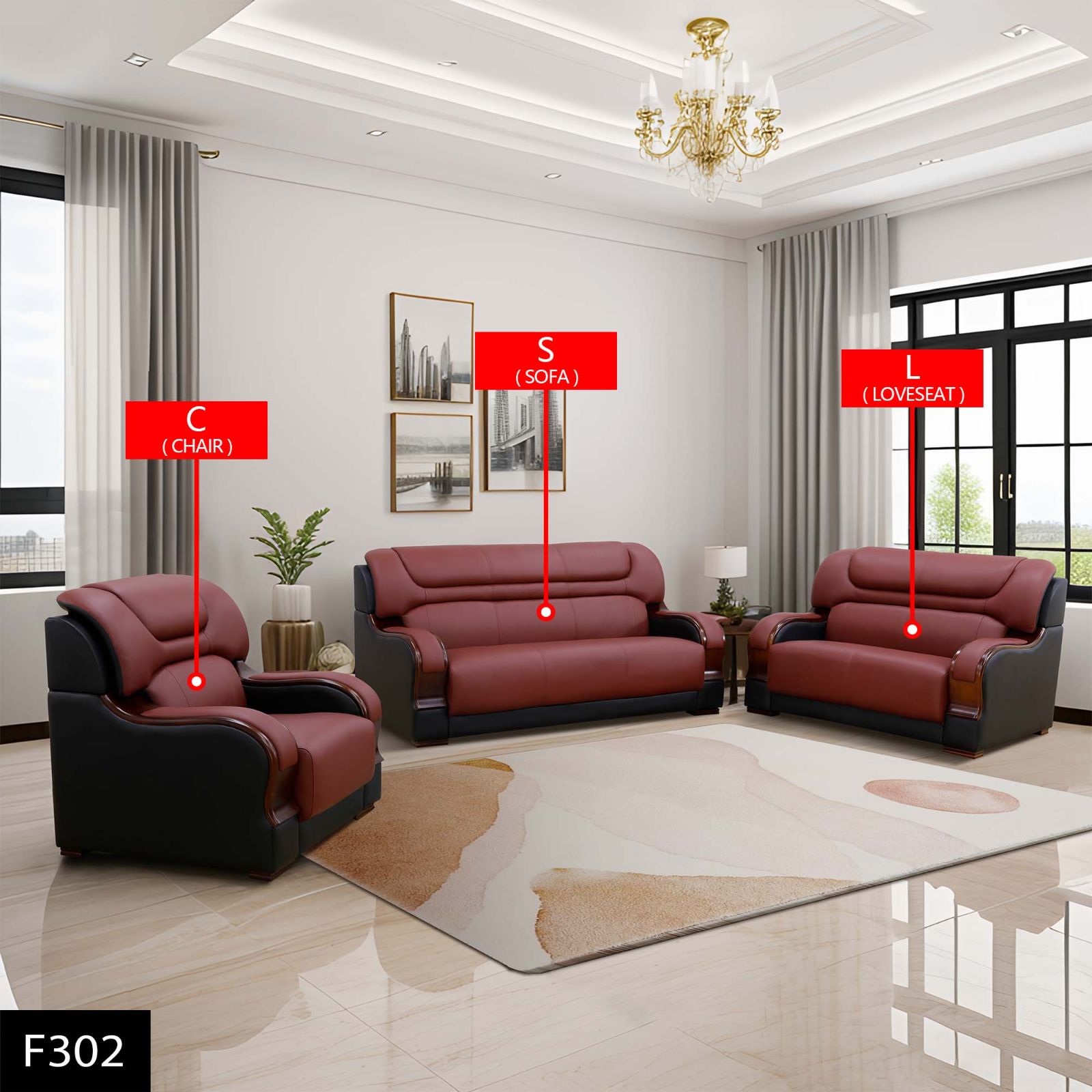 Pickup Only--Black & Red Genuine Cow Leather 3-Piece Couch Living Room Sofa Set