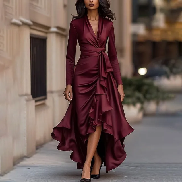 Women's Vintage Solid Color A Line Maxi Dress, Asymmetrical Hem Ruffle Dress For Spring And Fall Holiday Parties Wine Red - Shop at LoveMi