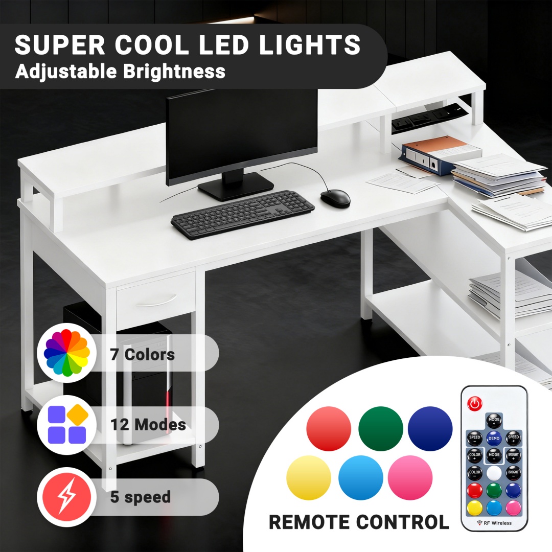 53-inch Gaming Table With USB Charging Port And LED Light, Reversible L-shaped Table With Power Socket And Monitor Stand image 17