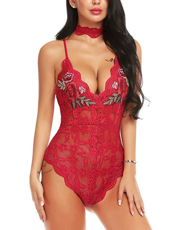 Women's Fashion Simple Lace See through Embroidered Jumpsuit Red - Shop at LoveMi