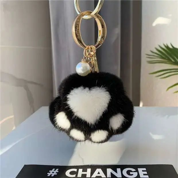 Cat's Claw Fur Ornaments Real Plush Bag Pendant Car Key Chain Ornaments Accessories Blacka - Shop at LoveMi