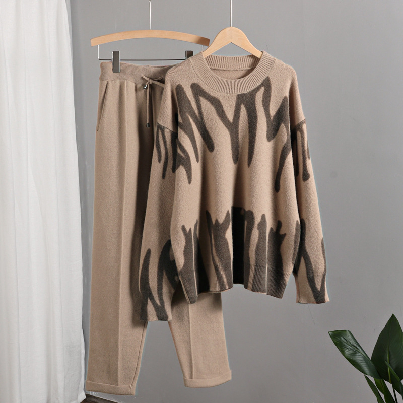 Lazy Style Pullover Woolen Trousers Two-piece Suit