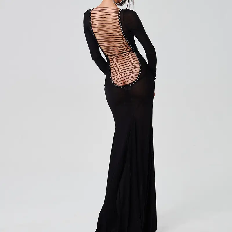 Autumn Women's Clothing Sexy Mesh Backless Lace Up Sleeve Super Long Dress