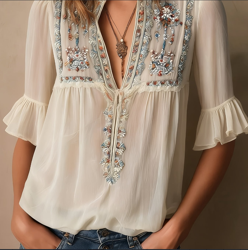 Floral Embroidery Shirts Women's V-neck Mid-sleeve Chiffon Blouse Casual Daily Office Clothing