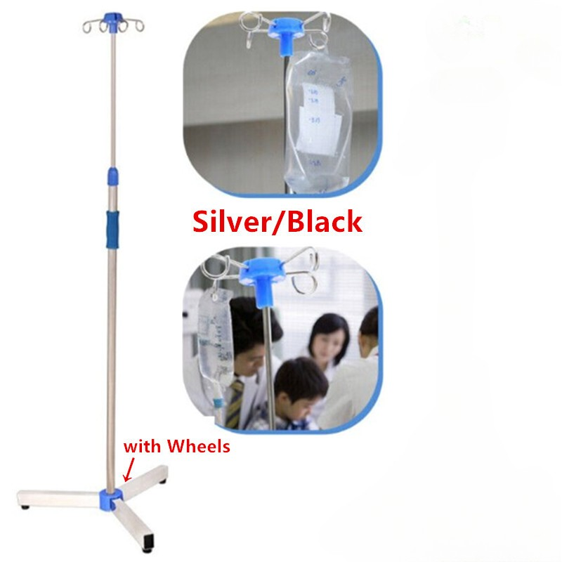 Portable IV Pole Drip Bag Stand Intravenous Silver Foldable Wheel — image 4