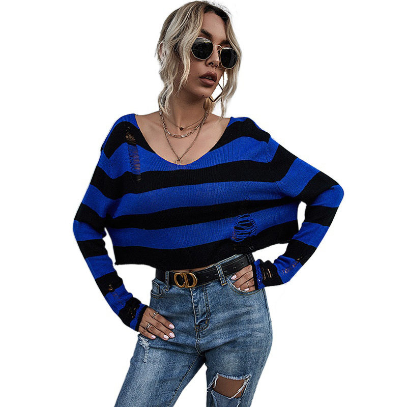 Title 3, New Big V-neck Striped Sweater Ripped Knit Swea...