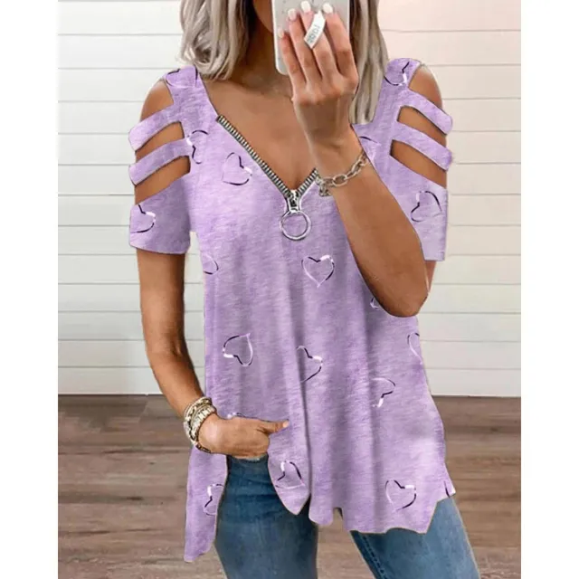 V neck Zipper Printing Short sleeved Loose Casual T shirt Women's Top Purple - Shop at LoveMi