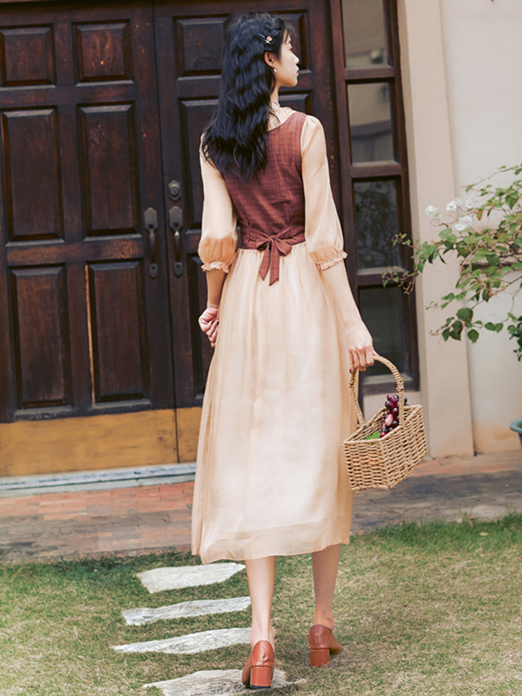 Lace Up Drawstring Fake Two-piece Dress For Women