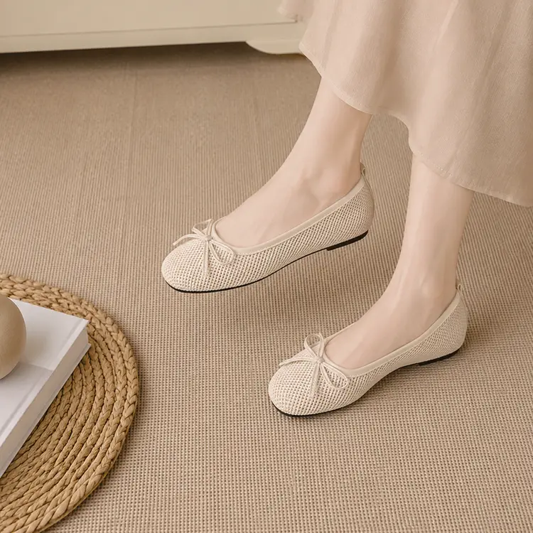 French Minimalist Mesh Mary Jane Shoes, Breathable Cutout Slip-On Flats With Bow, Shallow Mouth Women Single Shoes
