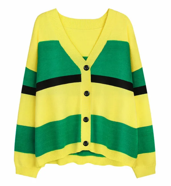 College Style Small Fresh Cardigan Sweater Autumn And Winter Yellow Green - Shop at LoveMi