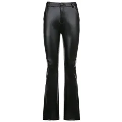 Street Trend New Basic Wide-leg Bootcut Leather Pants - Black - View 1