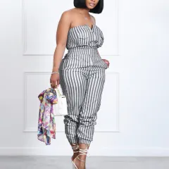 Fashion Ladies Striped Tube Top Jumpsuit - Black - View 1
