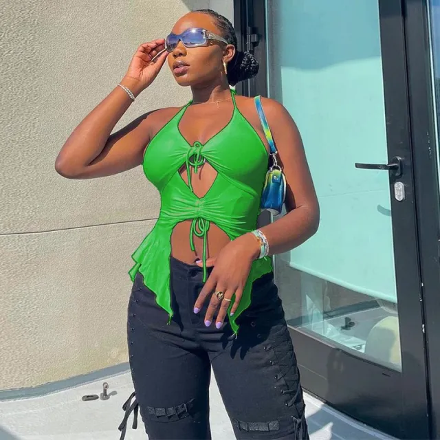 Milk Silk Pure Color Hanging Neck Sling Vest Green - Shop at LoveMi