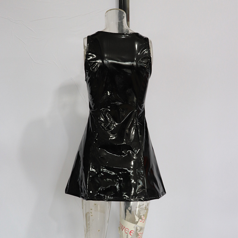 PU High Elastic V-neck Dress With Four-way Elastic