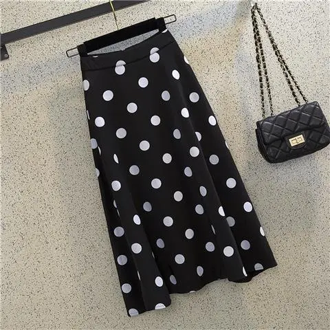 The New Polka Dot Skirt Mid Length High Waisted Thin A Line Skirt Black - Shop at LoveMi