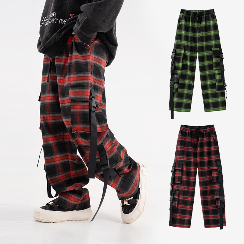 Multi Pocket Plaid Buckle Strap Costume Wide Leg Pants