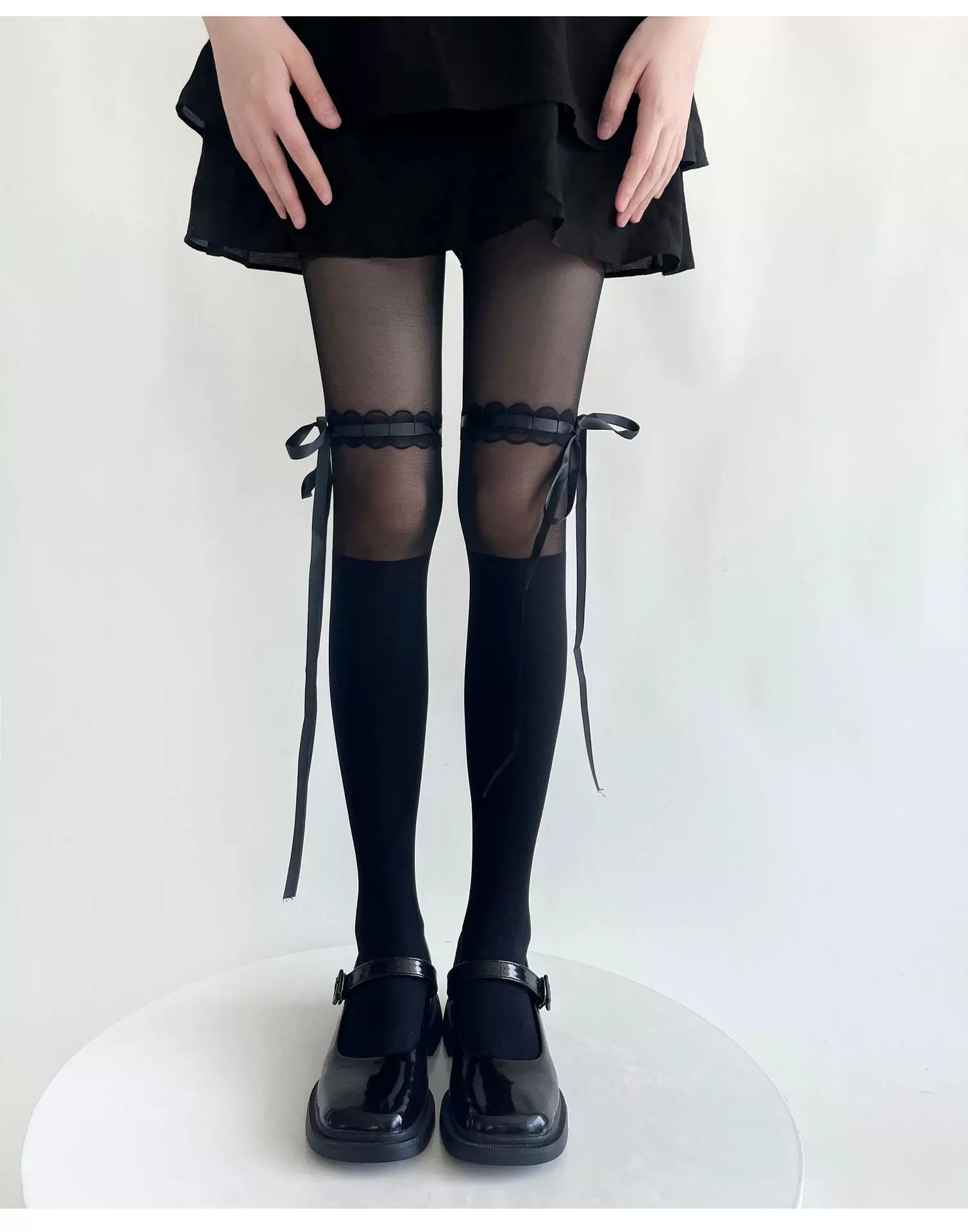 Pure Desire Style Lolita Patchwork Stockings, Summer Thin Style For Women, Slimming Bandage Bow Ballet Style Black Pantyhose