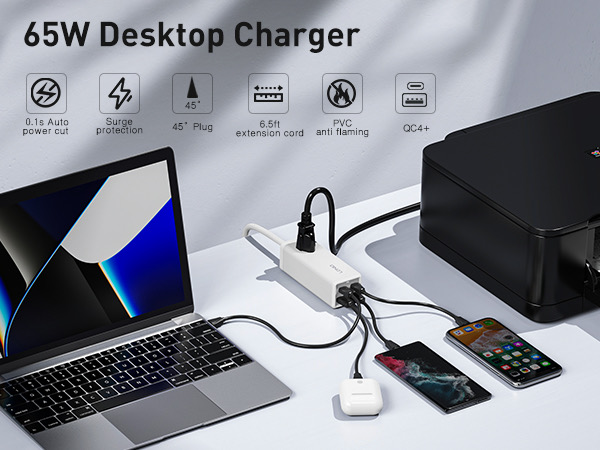 MANTO 65W 5-in-1 GaN USB Charging Station - Wide Compatibility, Portable Design, Fast Charging GaN Technology, ETL Certified, 5-in-1 GaN USB C Charger, 65W High-Speed Charging, Powerful Output Distribution.