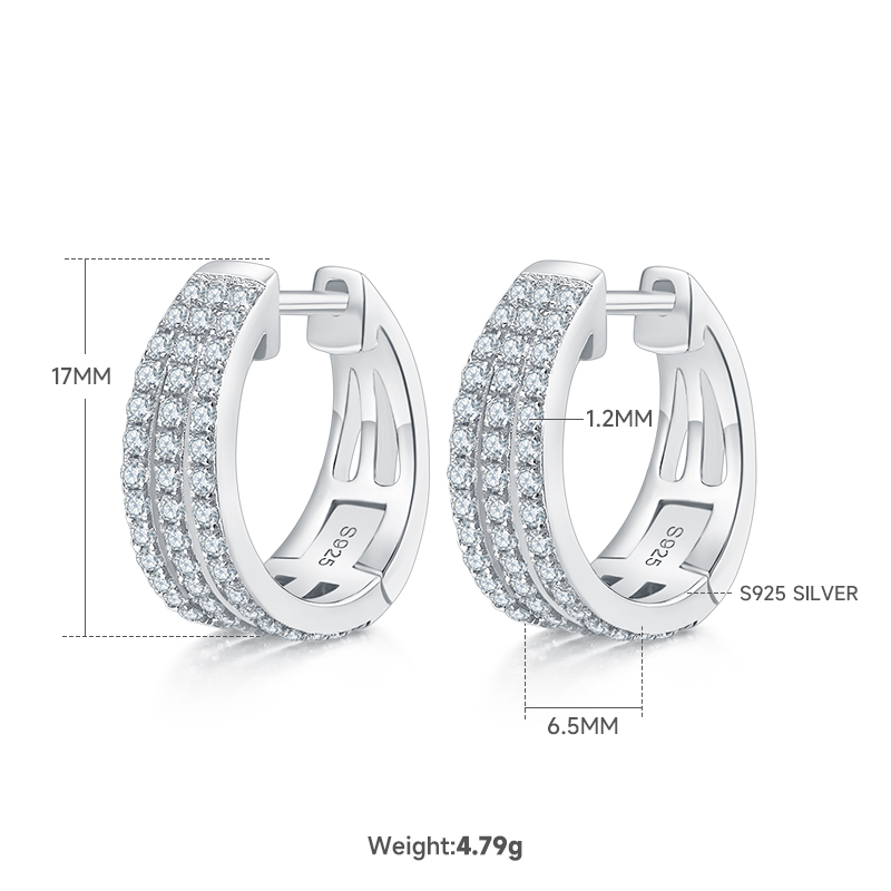 4.8g S925 Sterling Silver Moissanite Hoop Earrings 17mm  Triple Row Pave Huggie Hoops With GRA Certificate, Platinum Plated Fine Jewelry Gift Box Set For Women