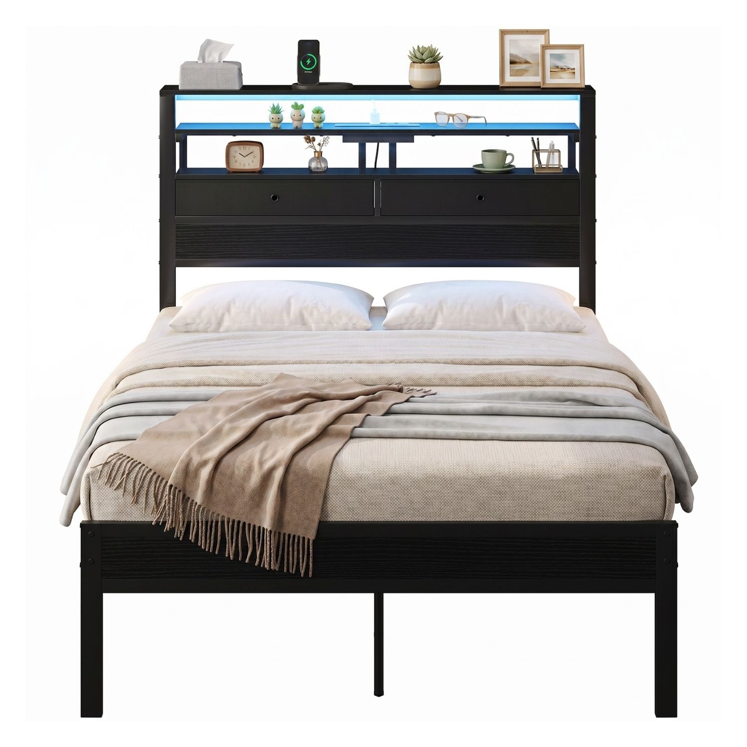 Full Bed Frame With Charging Station And LED Lights, Wood Headboard, 2 Fabric Drawers And Storage Shelves, Metal Slats, No Box Spring Needed — foto 3