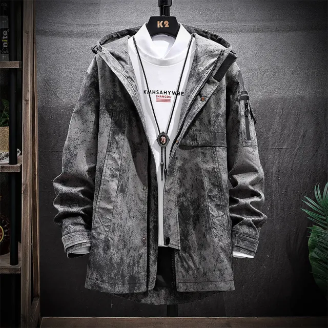 Korean Color Block Mid length Windbreaker Hooded Casual Jacket Black - Shop at LoveMi