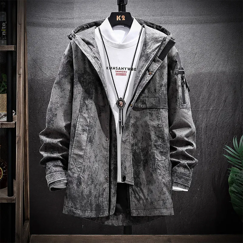 Korean Color Block Mid-length Windbreaker Hooded Casual Jacket - Black