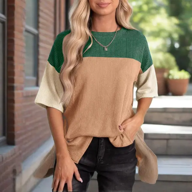 Women's Color Block Casual T Shirt Short Sleeve Crew Neck Loose T Shirt Top Green Orange - Shop at LoveMi