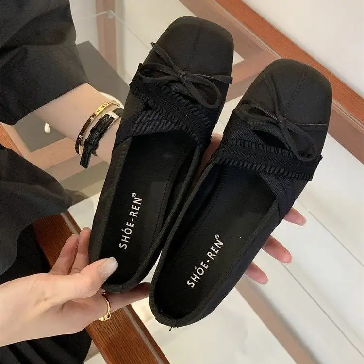 Women Ballet Style Bow Hidden Heel Mary Janes, Square Toe Cross Lace Strap Flats