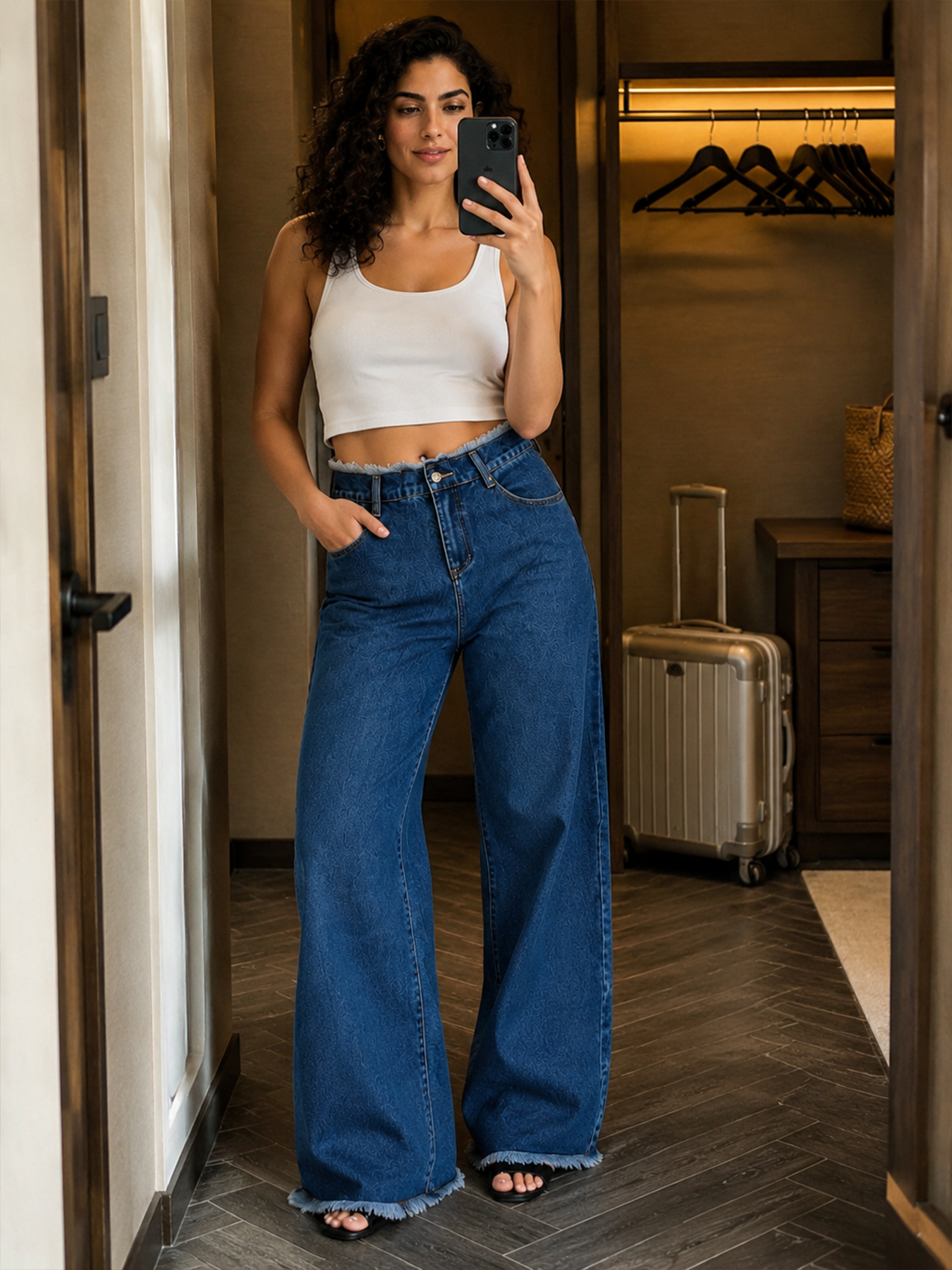New Women's High-quality Low-rise Frayed Hem Loose Straight Leg Denim Wide-leg Pants, Fashionable And Versatile, Suitable For All Seasons. — foto 6
