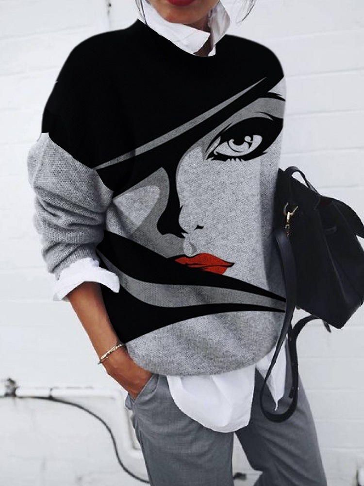 Title 1, Womens Fashion Brushed Portrait Printed Loose ...