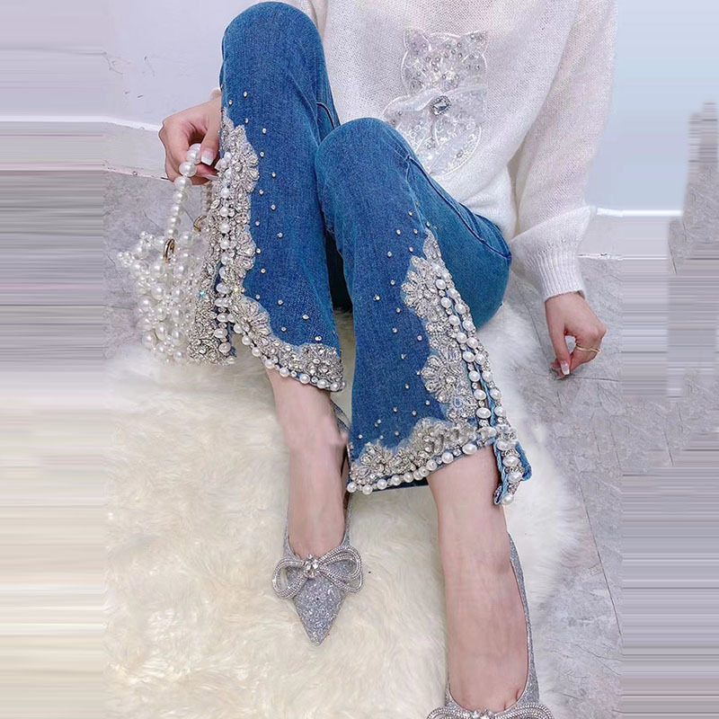Heavy Industry Diamond studded Bead Slit Micro flared Pants Blue - Shop at LoveMi