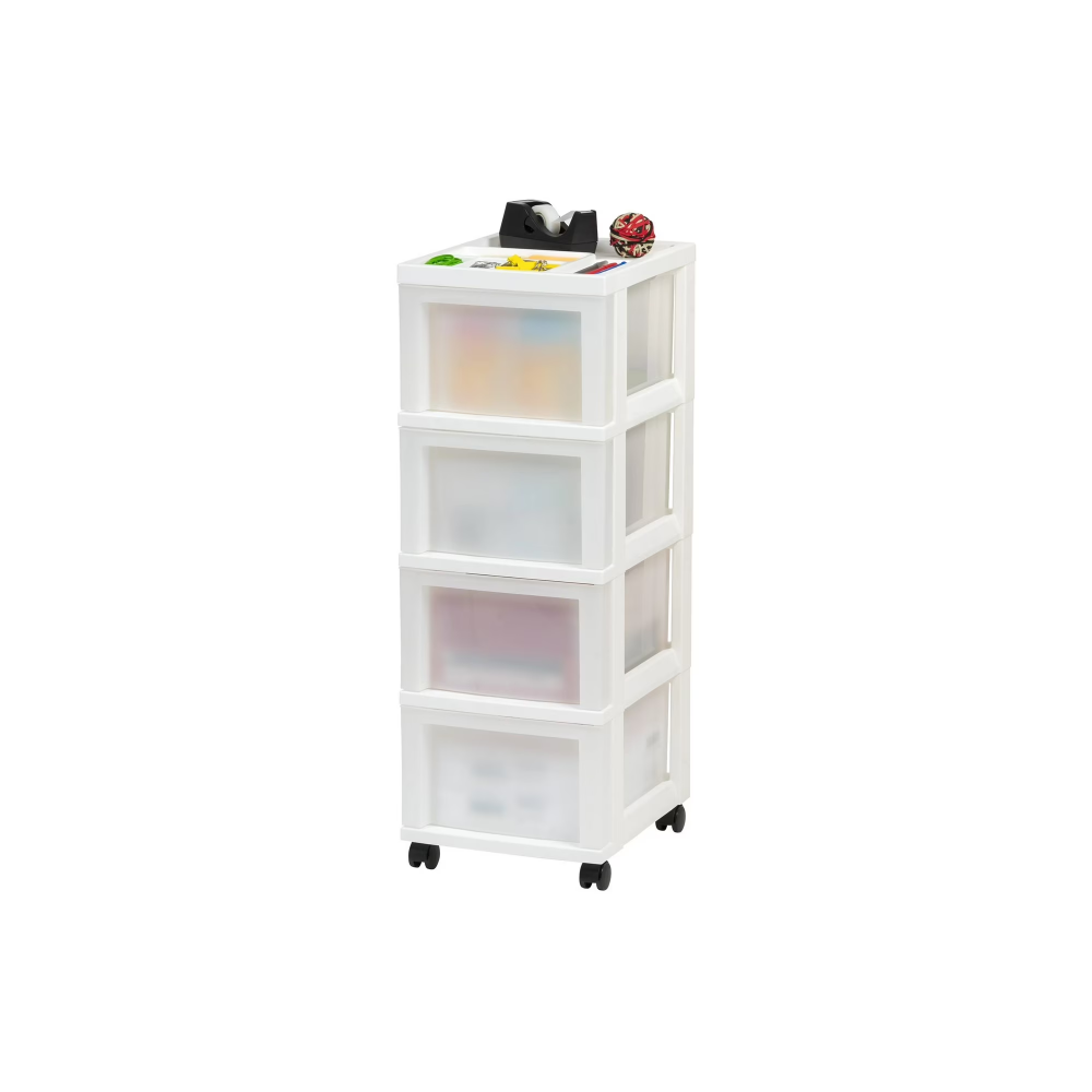 4-Drawer Narrow Plastic Storage Drawer Cart With Organizer Top, White