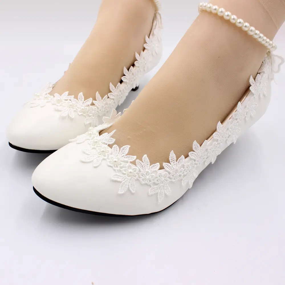 Women's Floral Lace Wedding Pumps with Pearl Detail and Pointed Toe