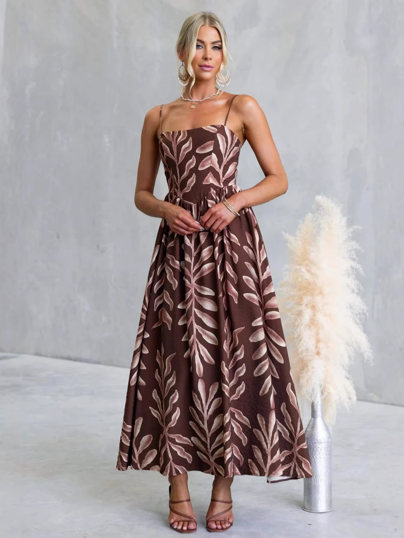 Leaf Print Spaghetti Strap Flared Maxi Dress