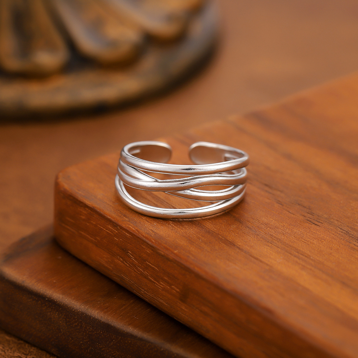 Stainless Steel Minimalist Hollow Geometric Ring For Women, Trendy Personality Adjustable... thumbnail 3