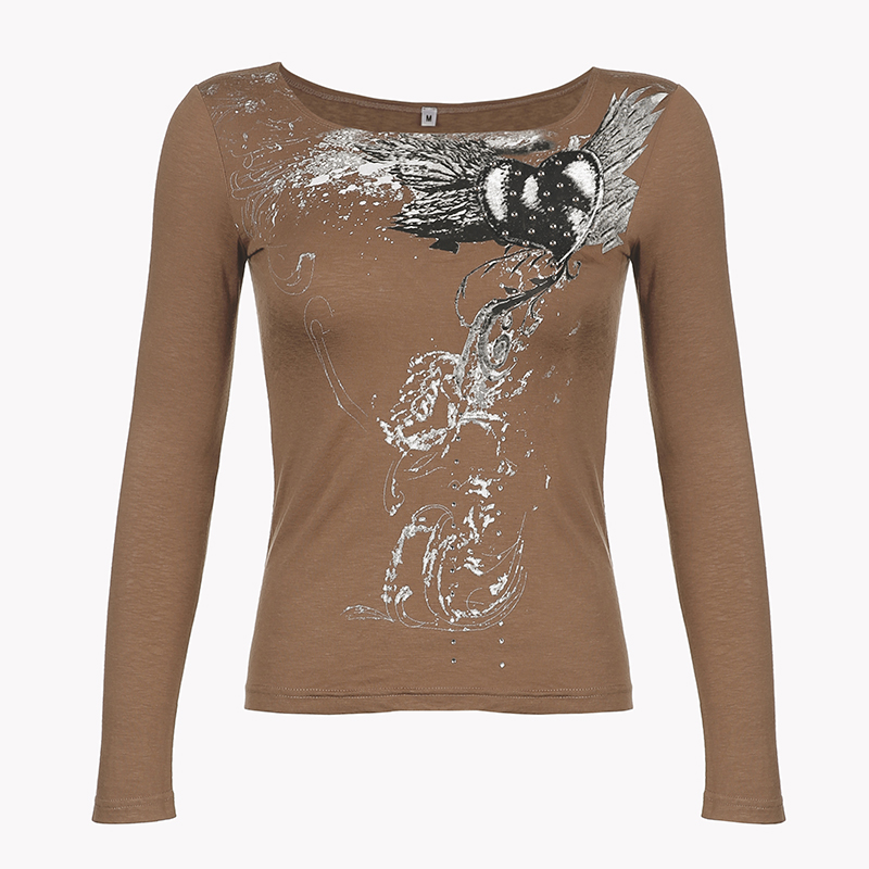 Distressed Montage Printing One Neck Long Sleeved T Shirt All Match Top