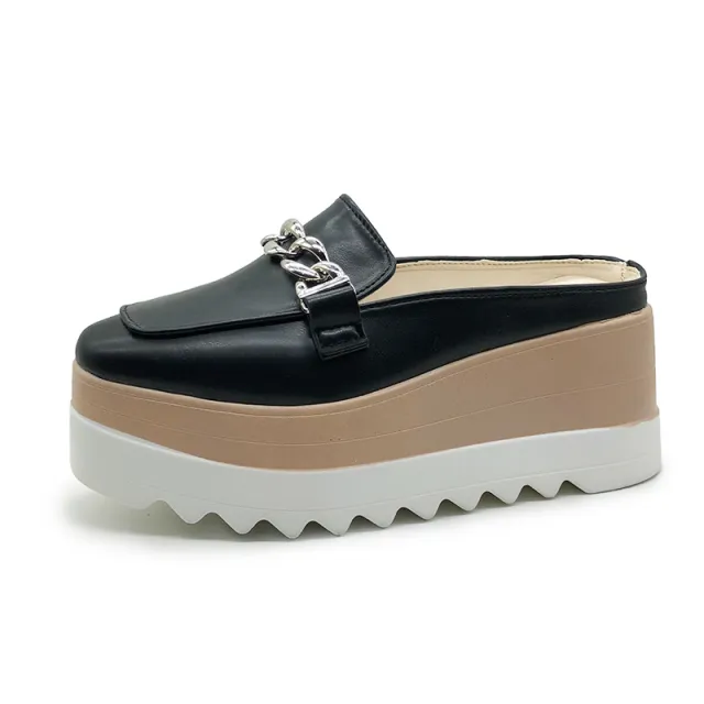 Sponge Cake With Baotou Half tow Female Metal Decoration European And American Slippers Black - Shop at LoveMi