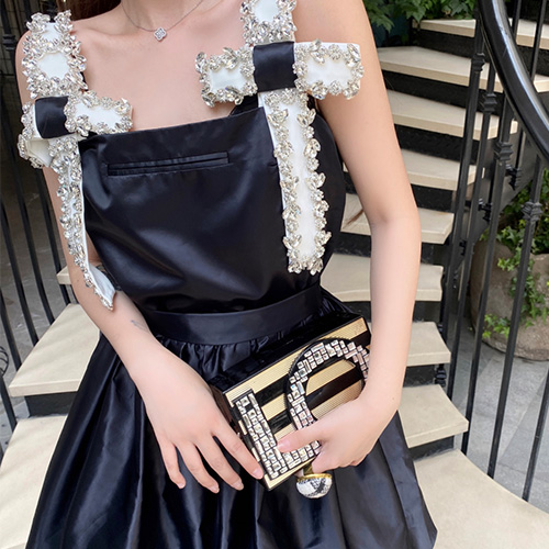 Black Dress French Heavy Industry Diamond Cross Sling