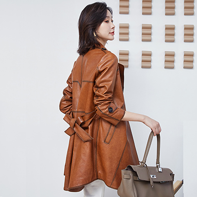 Women's Medium Long Lace Up Slim Leather Coat